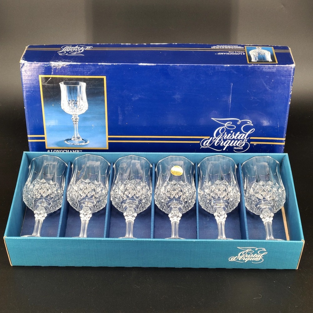 6 x Durand Cristal D'Arques LONGCHAMP Crystal White Wine Glasses in Original Box